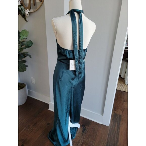 Hello Molly The Cleo Halter Satin Maxi Dress Teal Size L Formal Wedding Prom - Picture 4 of 8